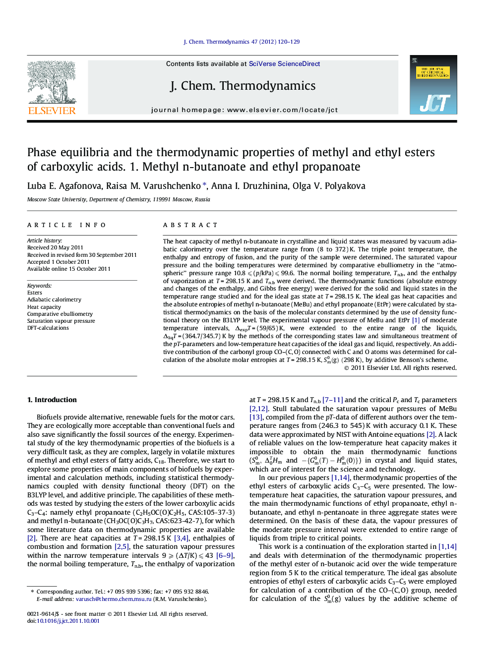Phase equilibria and the thermodynamic properties of methyl and ethyl esters of carboxylic acids. 1. Methyl n-butanoate and ethyl propanoate