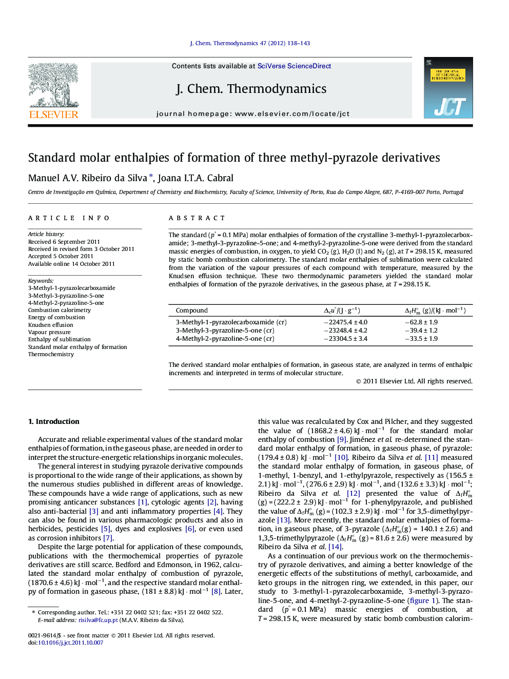 Standard molar enthalpies of formation of three methyl-pyrazole derivatives