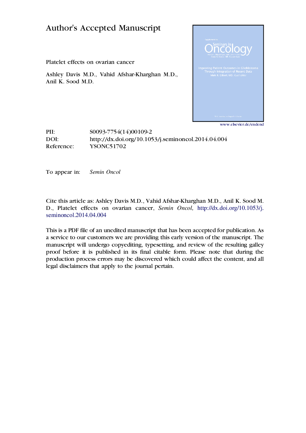 Platelet Effects on Ovarian Cancer