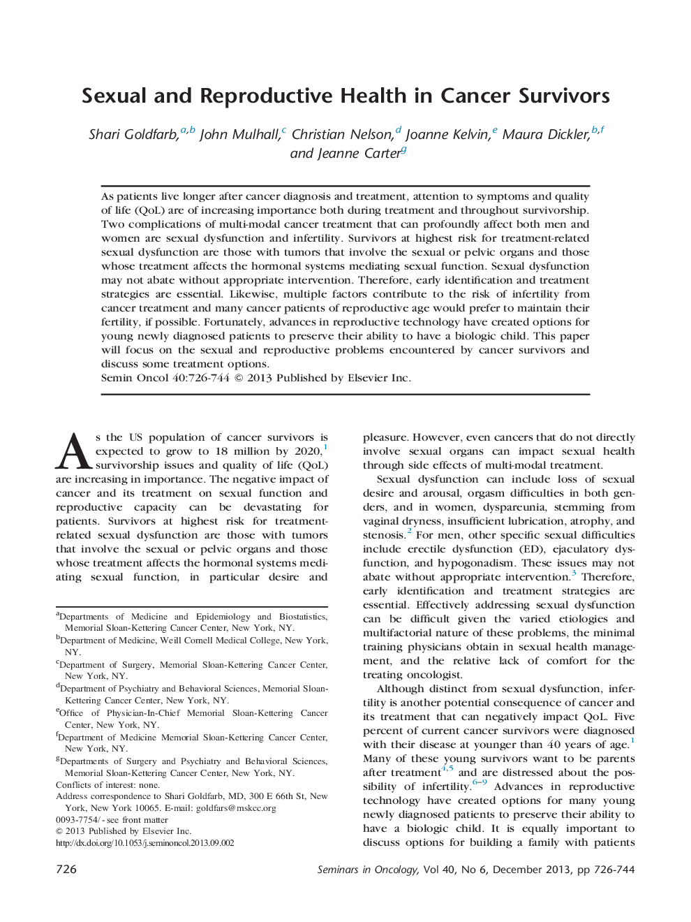 Sexual and Reproductive Health in Cancer Survivors