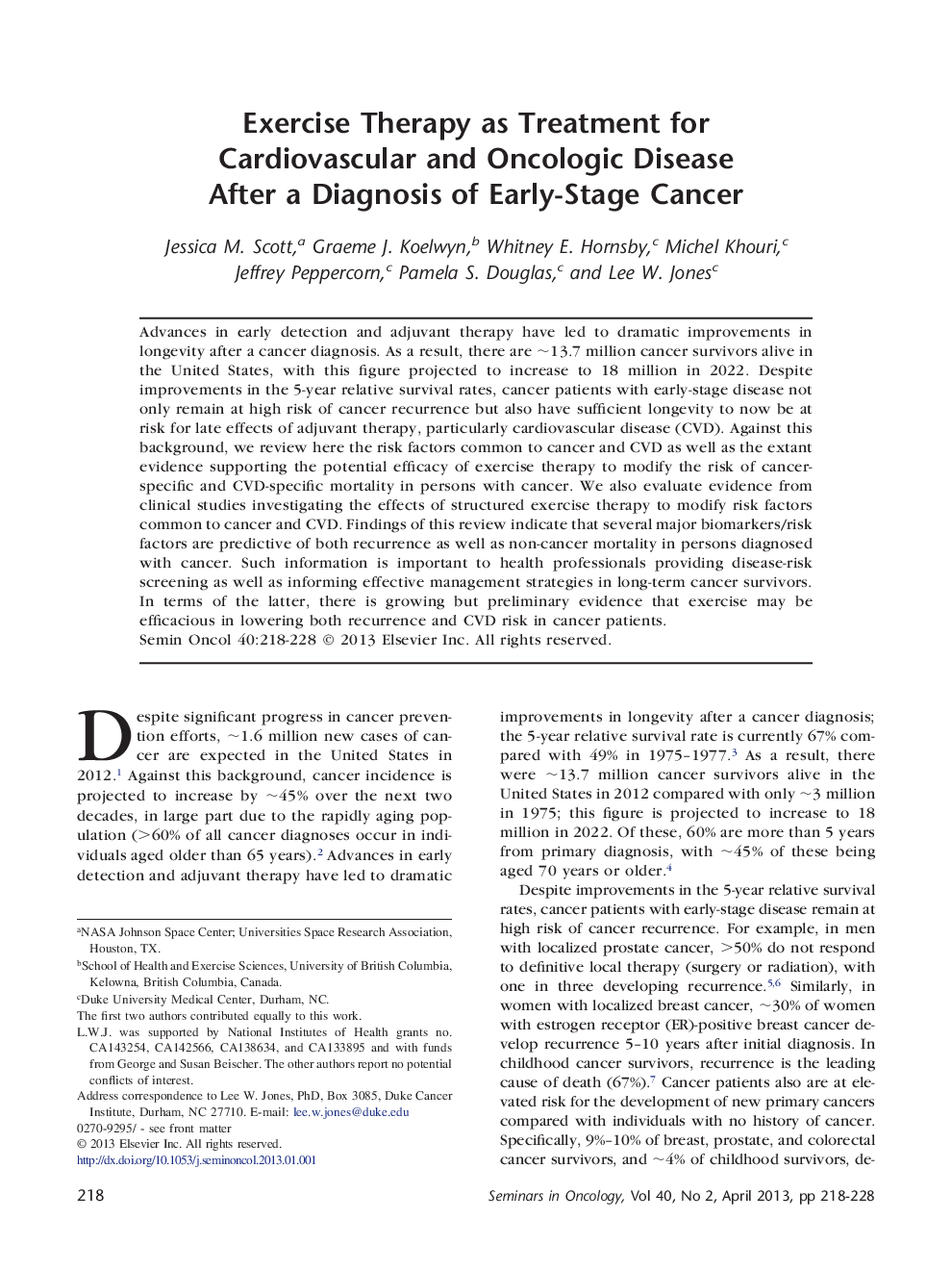 Exercise Therapy as Treatment for Cardiovascular and Oncologic Disease After a Diagnosis of Early-Stage Cancer