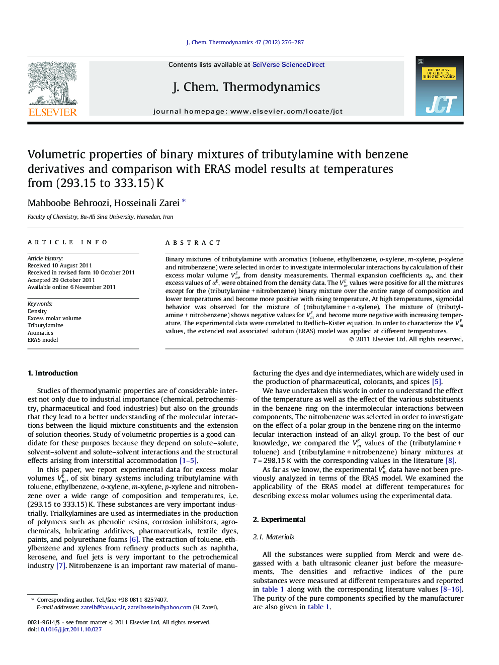 Volumetric properties of binary mixtures of tributylamine with benzene derivatives and comparison with ERAS model results at temperatures from (293.15 to 333.15) K