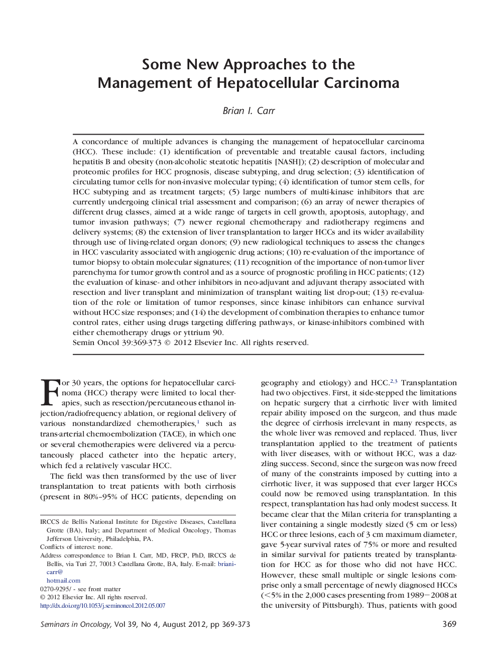 Some New Approaches to the Management of Hepatocellular Carcinoma