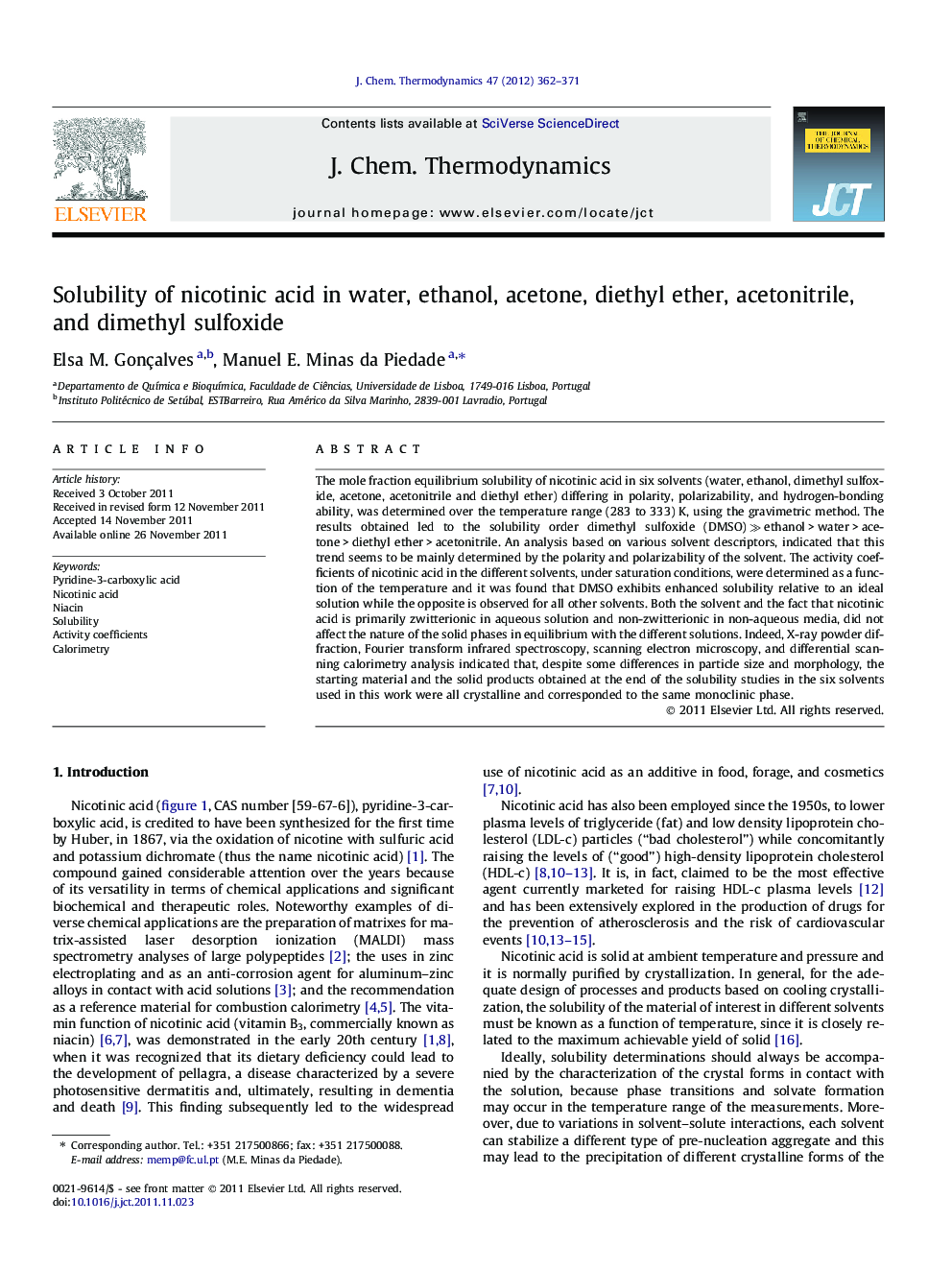 Solubility of nicotinic acid in water, ethanol, acetone, diethyl ether, acetonitrile, and dimethyl sulfoxide