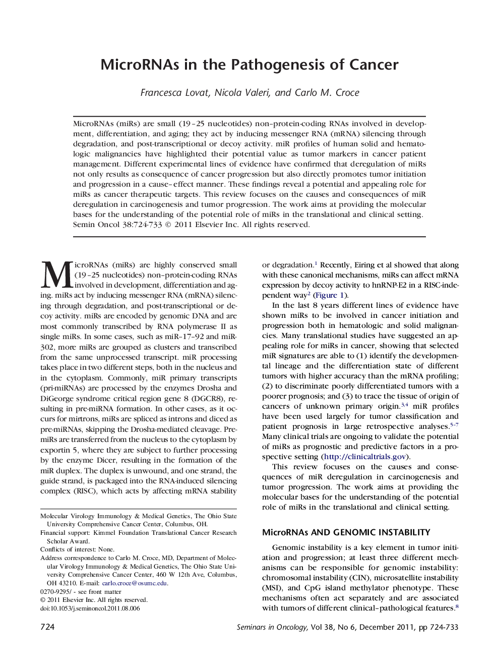 MicroRNAs in the Pathogenesis of Cancer