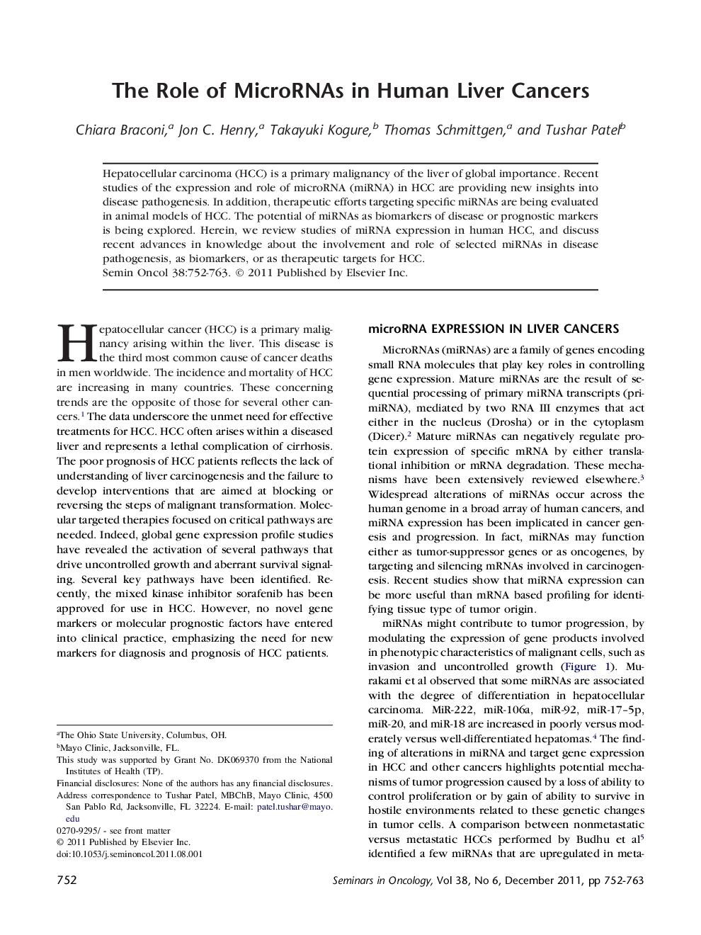 The Role of MicroRNAs in Human Liver Cancers