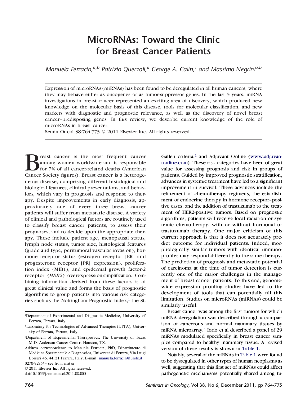 MicroRNAs: Toward the Clinic for Breast Cancer Patients