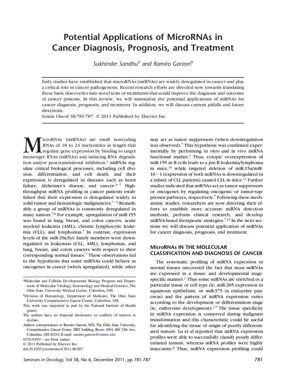 Potential Applications of MicroRNAs in Cancer Diagnosis, Prognosis, and Treatment