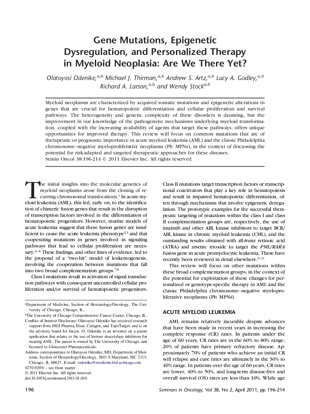 Gene Mutations, Epigenetic Dysregulation, and Personalized Therapy in Myeloid Neoplasia: Are We There Yet?