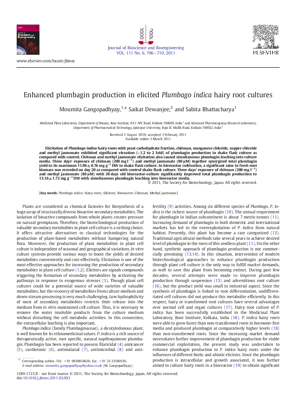 Enhanced plumbagin production in elicited Plumbago indica hairy root cultures