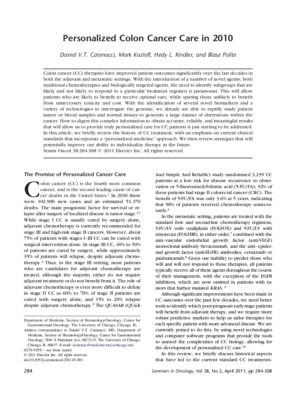 Personalized Colon Cancer Care in 2010