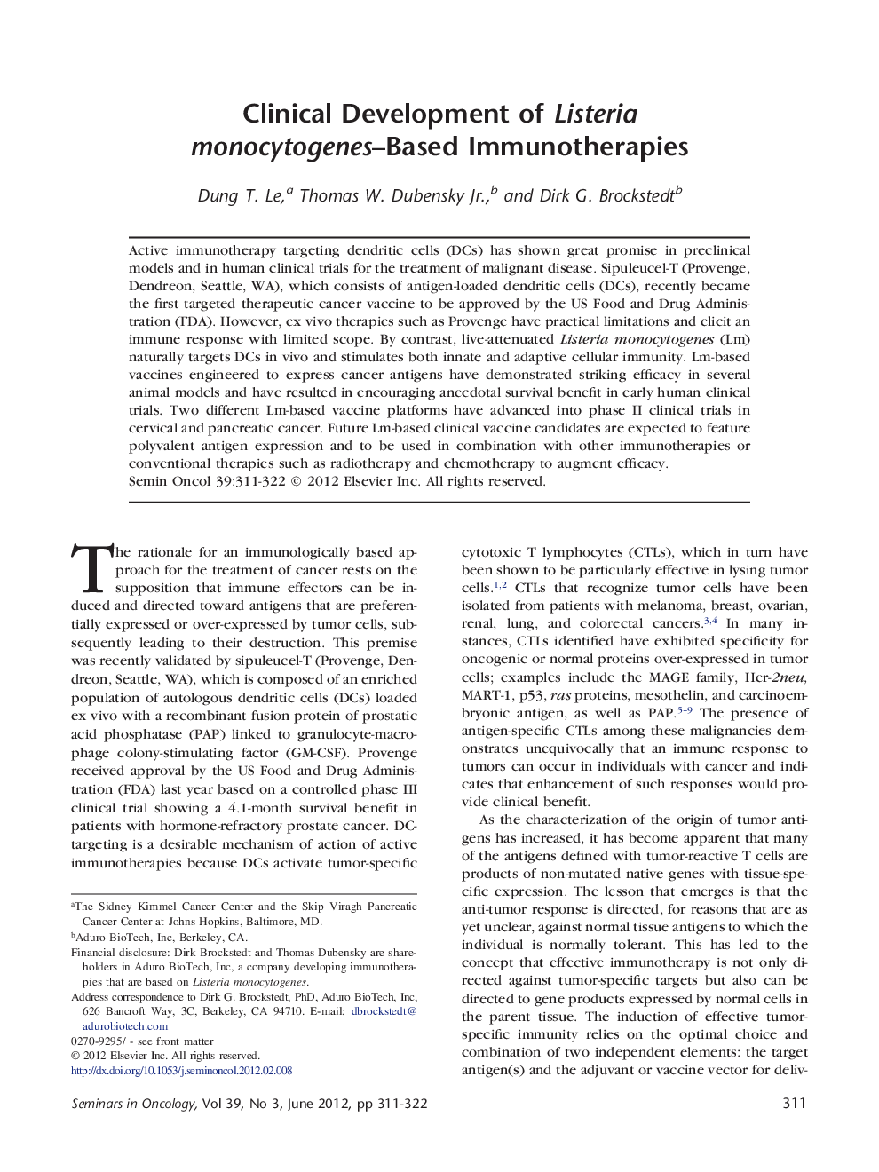 Clinical Development of Listeria monocytogenes-Based Immunotherapies