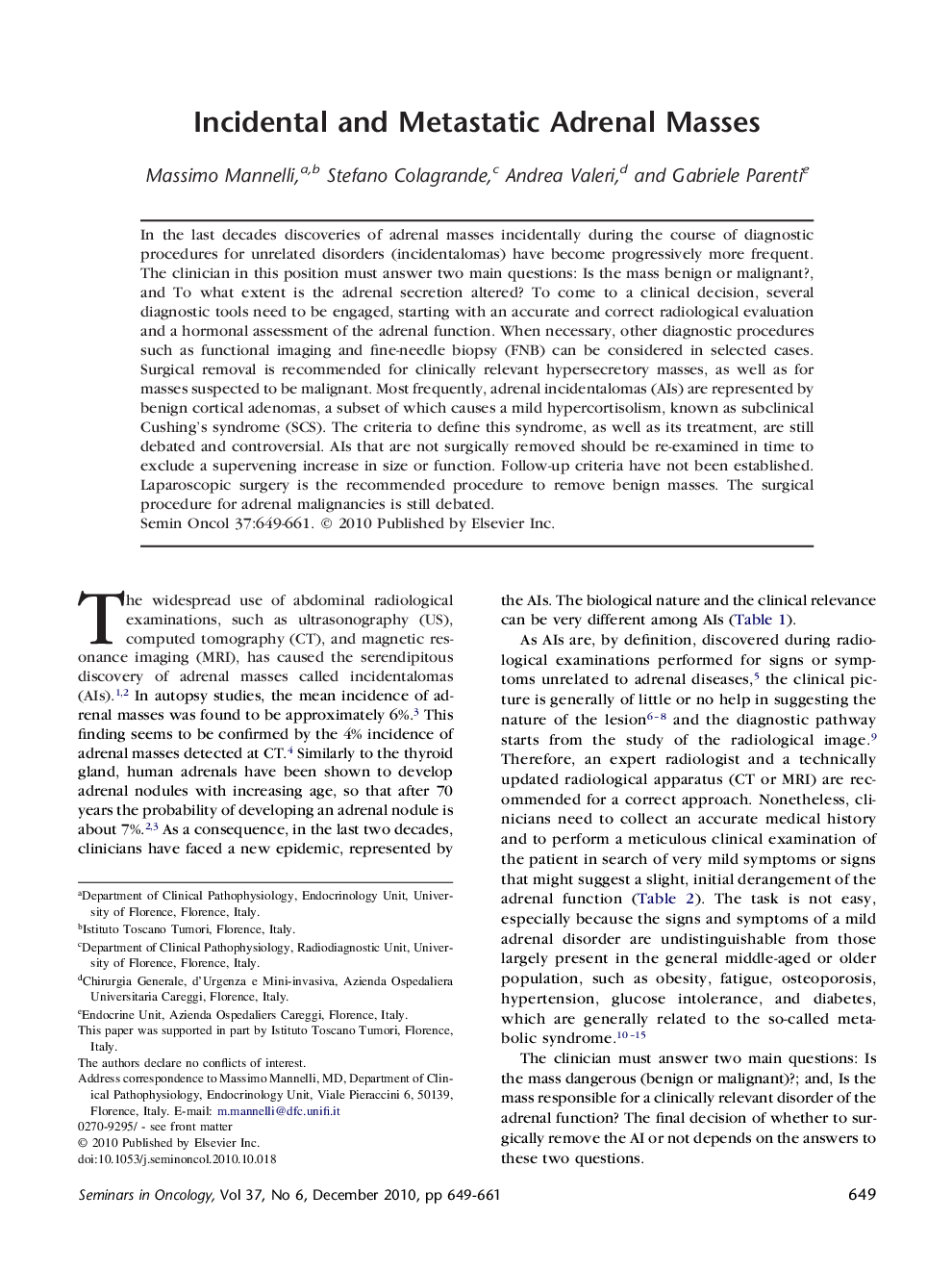 Incidental and Metastatic Adrenal Masses