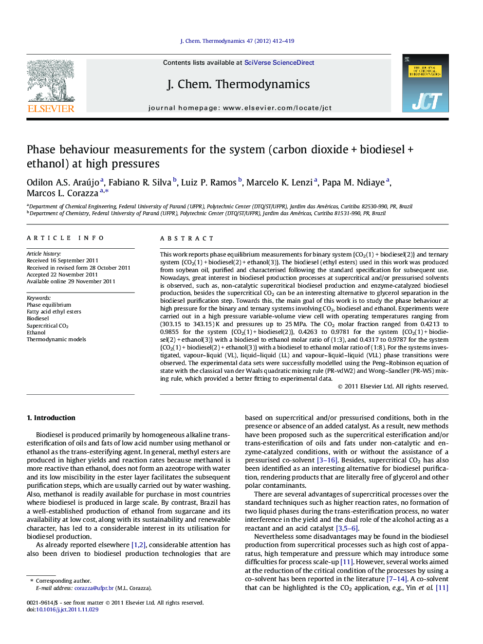 Phase behaviour measurements for the system (carbon dioxide + biodiesel + ethanol) at high pressures