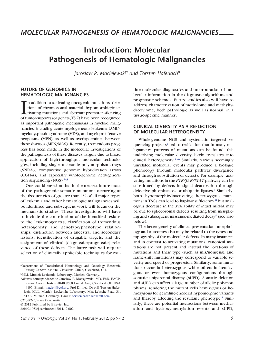 Introduction: Molecular Pathogenesis of Hematologic Malignancies