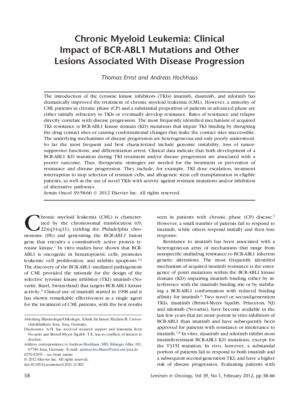 Chronic Myeloid Leukemia: Clinical Impact of BCR-ABL1 Mutations and Other Lesions Associated With Disease Progression