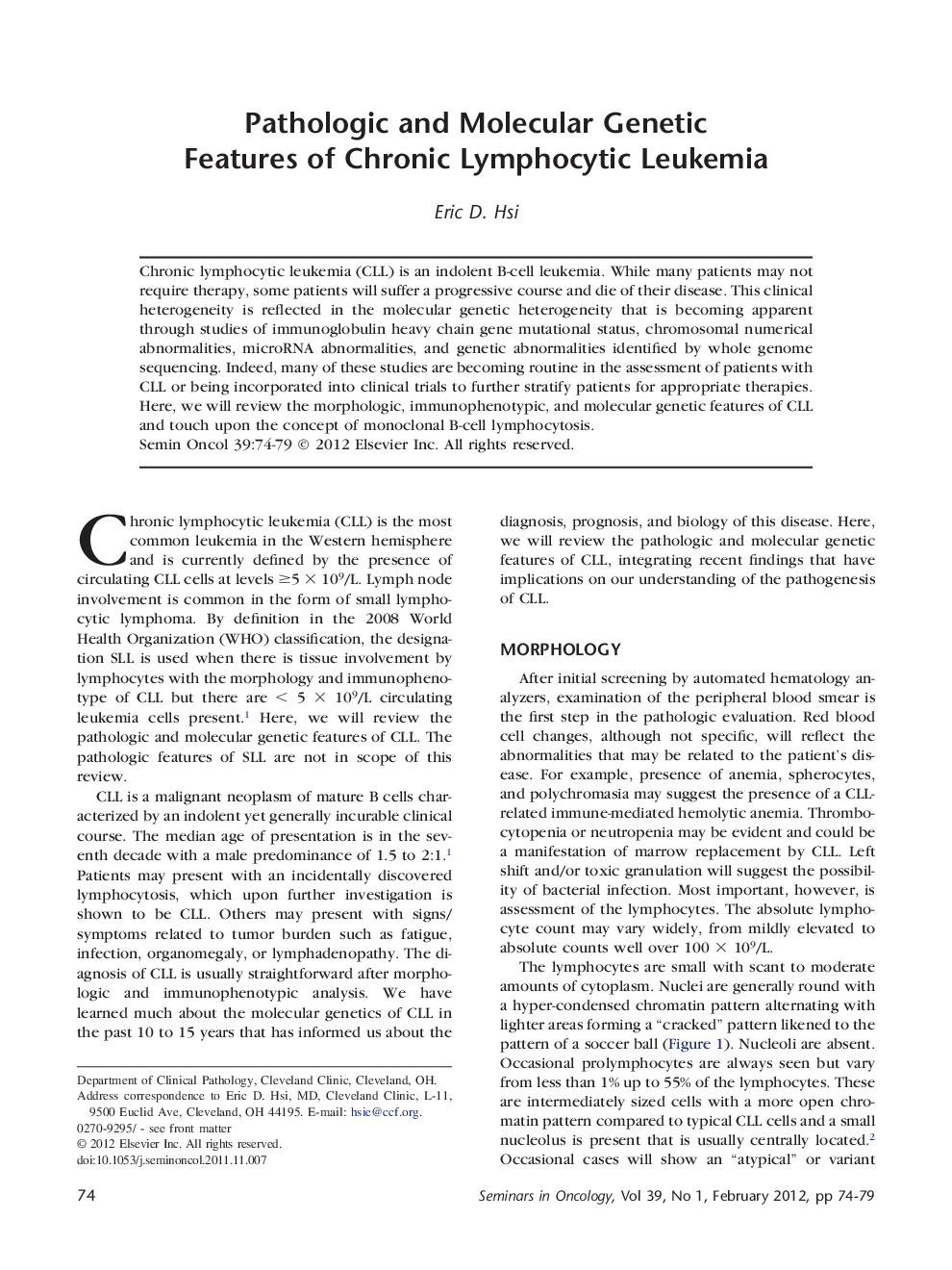 Pathologic and Molecular Genetic Features of Chronic Lymphocytic Leukemia