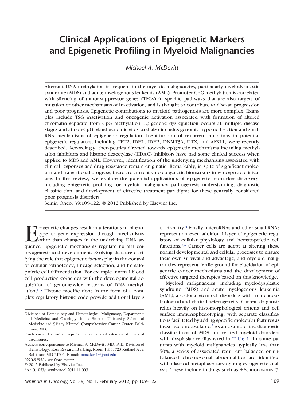 Clinical Applications of Epigenetic Markers and Epigenetic Profiling in Myeloid Malignancies