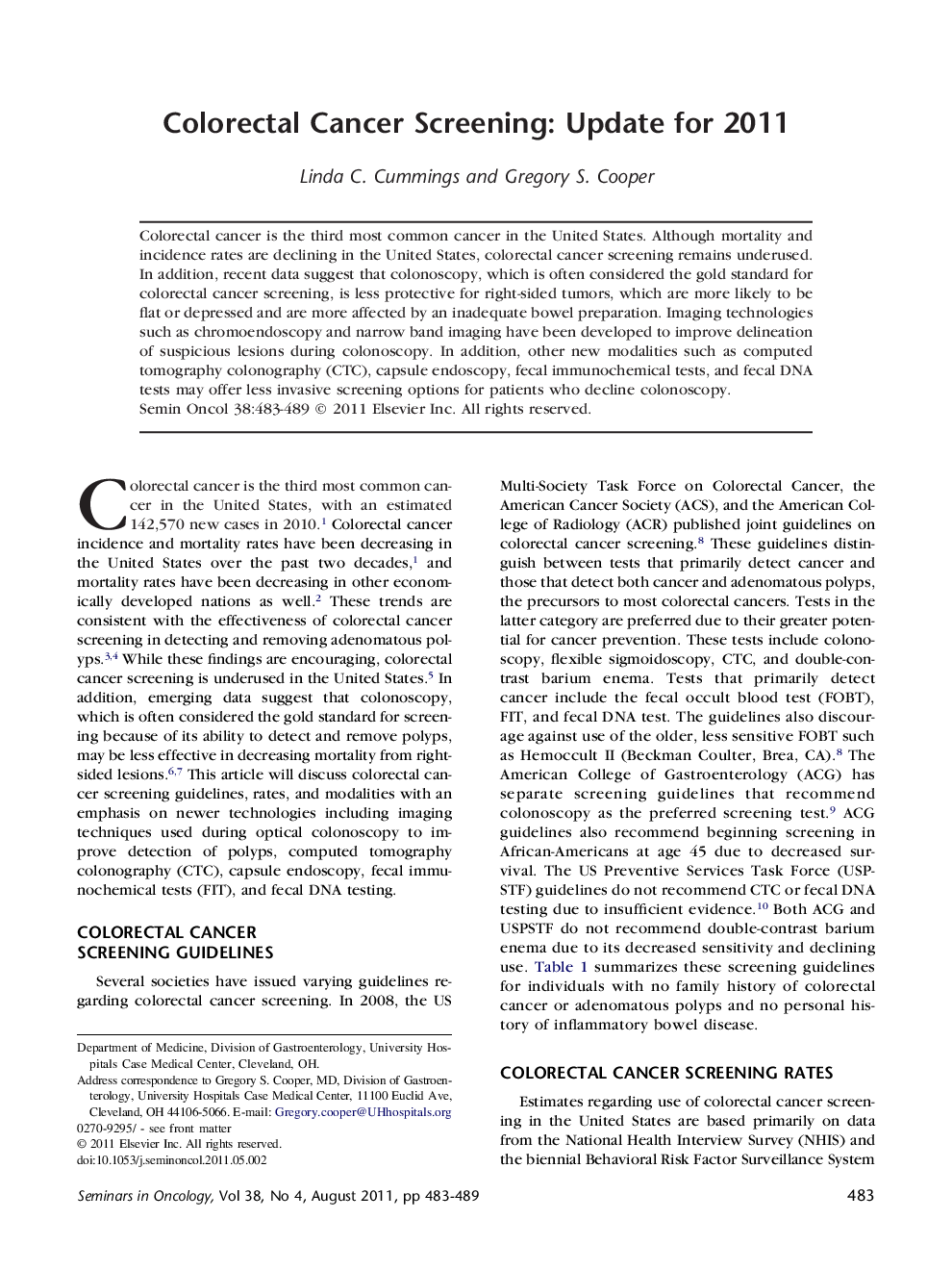 Colorectal Cancer Screening: Update for 2011