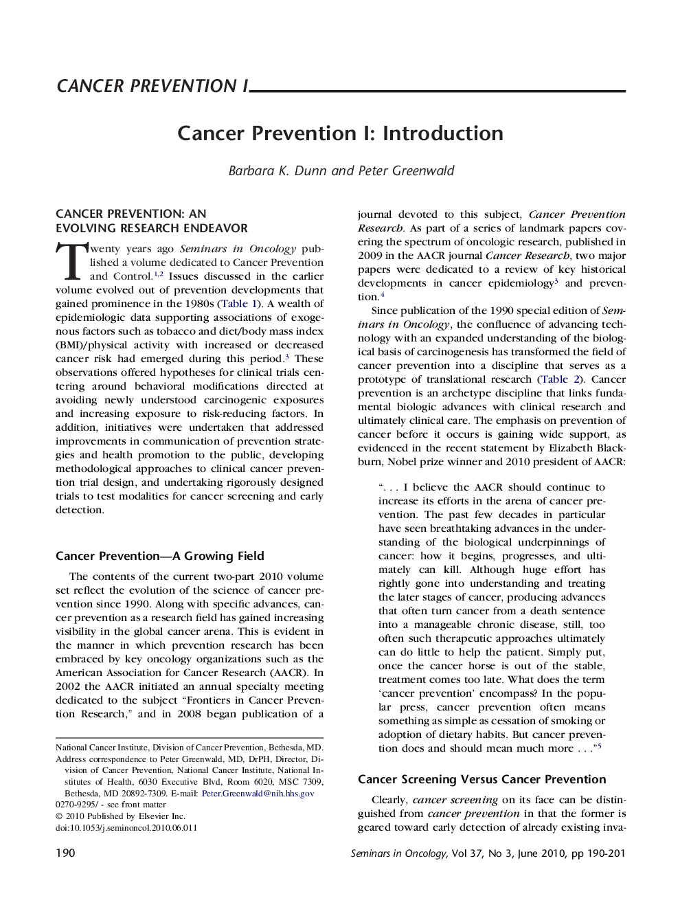Cancer Prevention I: Introduction