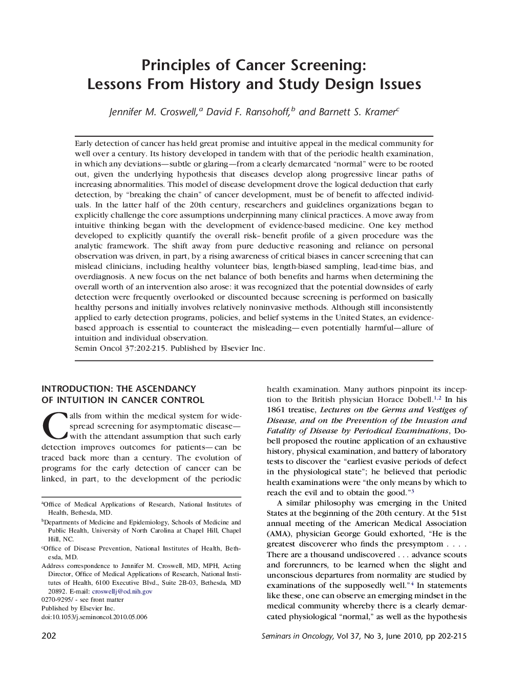 Principles of Cancer Screening: Lessons From History and Study Design Issues