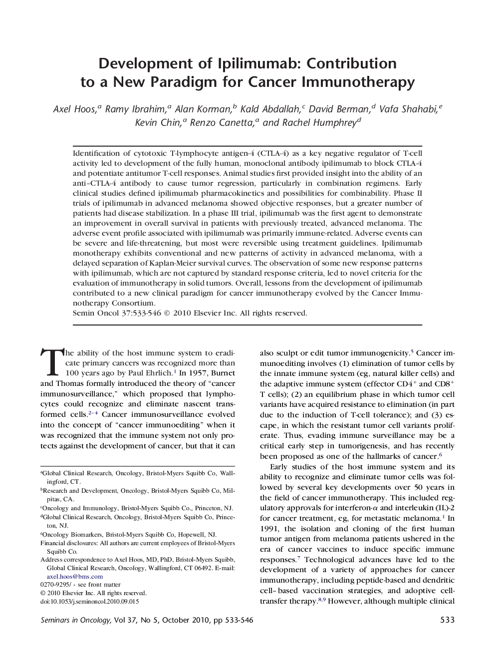 عکس صفحه اول مقاله: Development of Ipilimumab: Contribution to a New Paradigm for Cancer Immunotherapy Development of Ipilimumab: Contribution to a New Paradigm for Cancer Immunotherapy