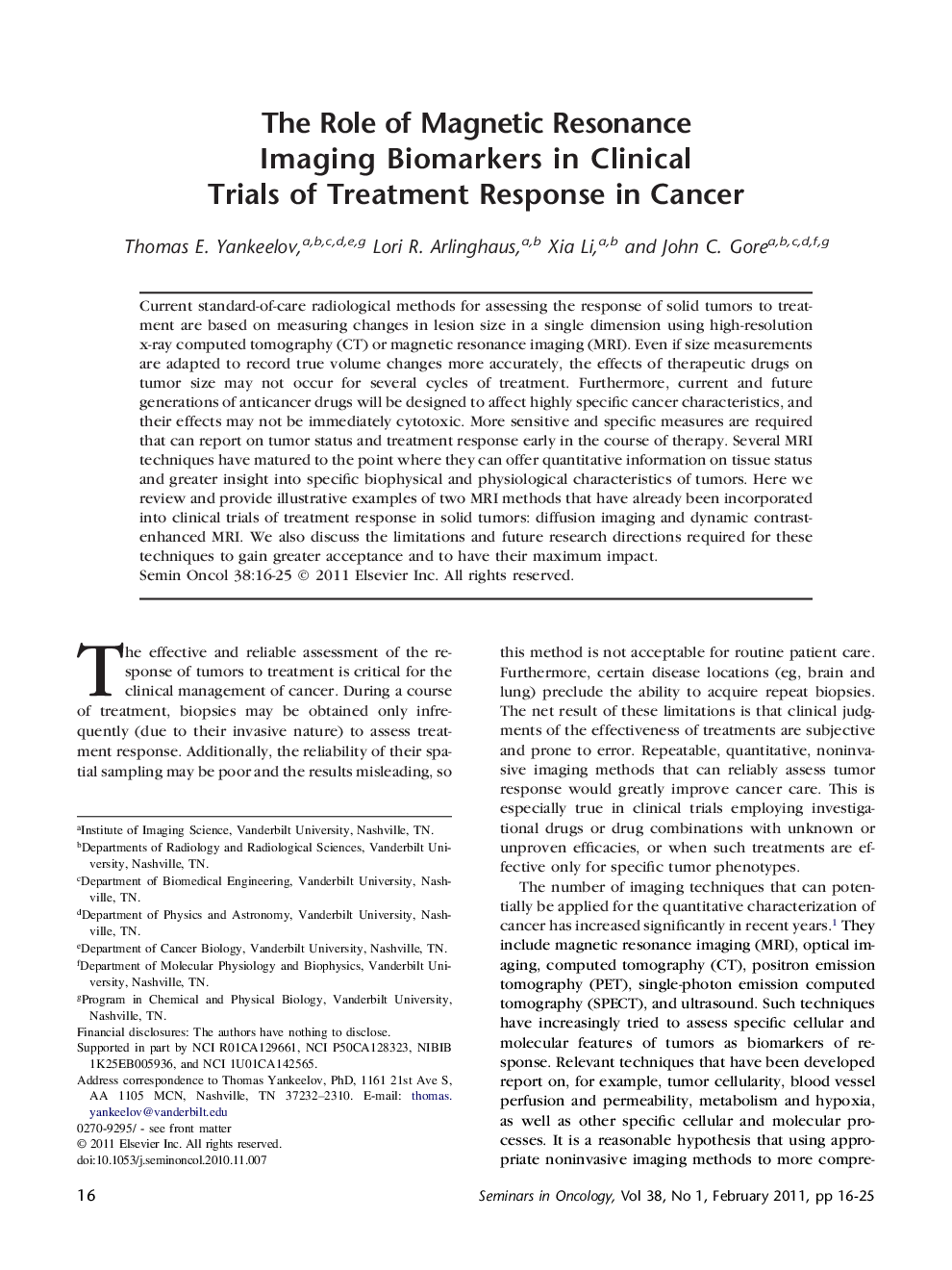 عکس صفحه اول مقاله: The Role of Magnetic Resonance Imaging Biomarkers in Clinical Trials of Treatment Response in Cancer The Role of Magnetic Resonance Imaging Biomarkers in Clinical Trials of Treatment Response in Cancer