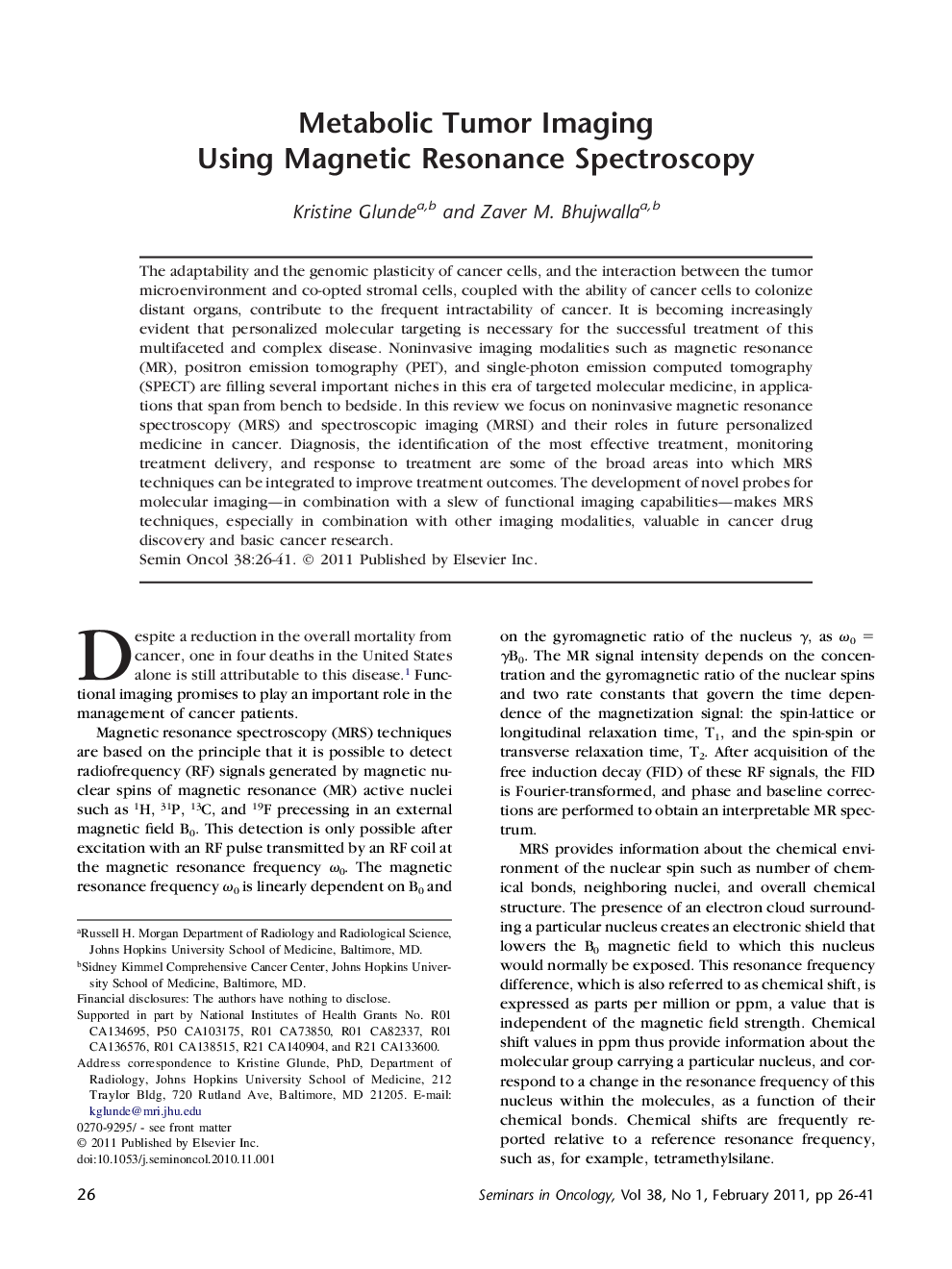 Metabolic Tumor Imaging Using Magnetic Resonance Spectroscopy