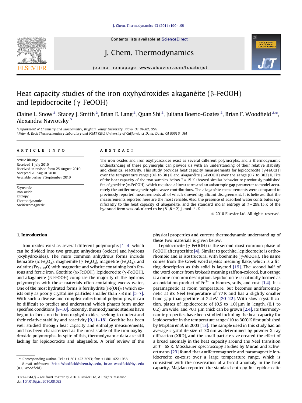 عکس صفحه اول مقاله: Heat capacity studies of the iron oxyhydroxides akaganéite (β-FeOOH) and lepidocrocite (γ-FeOOH) Heat capacity studies of the iron oxyhydroxides akaganéite (β-FeOOH) and lepidocrocite (γ-FeOOH)
