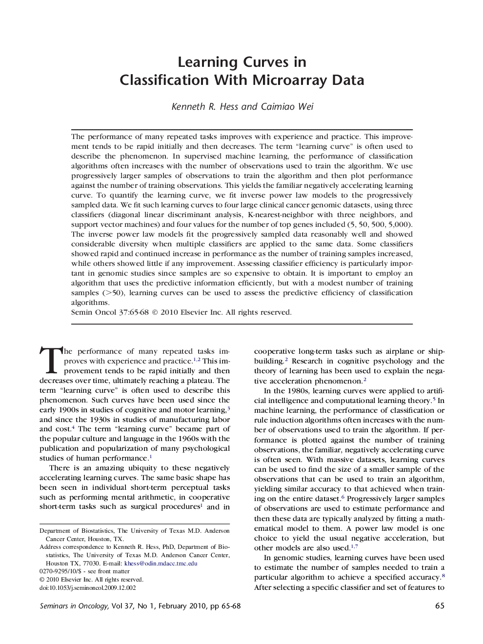 Learning Curves in Classification With Microarray Data