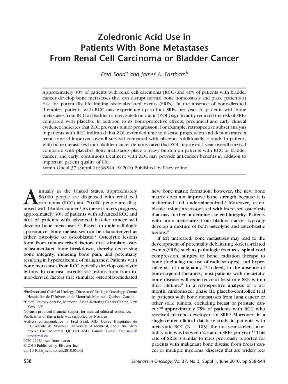 Zoledronic Acid Use in Patients With Bone Metastases From Renal Cell Carcinoma or Bladder Cancer