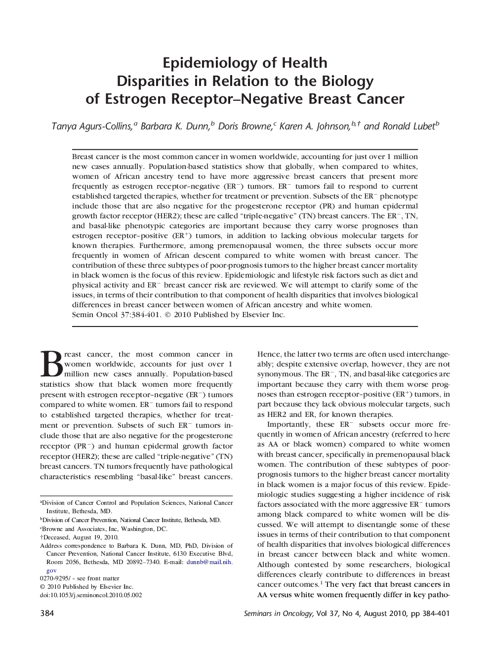 Epidemiology of Health Disparities in Relation to the Biology of Estrogen Receptor-Negative Breast Cancer