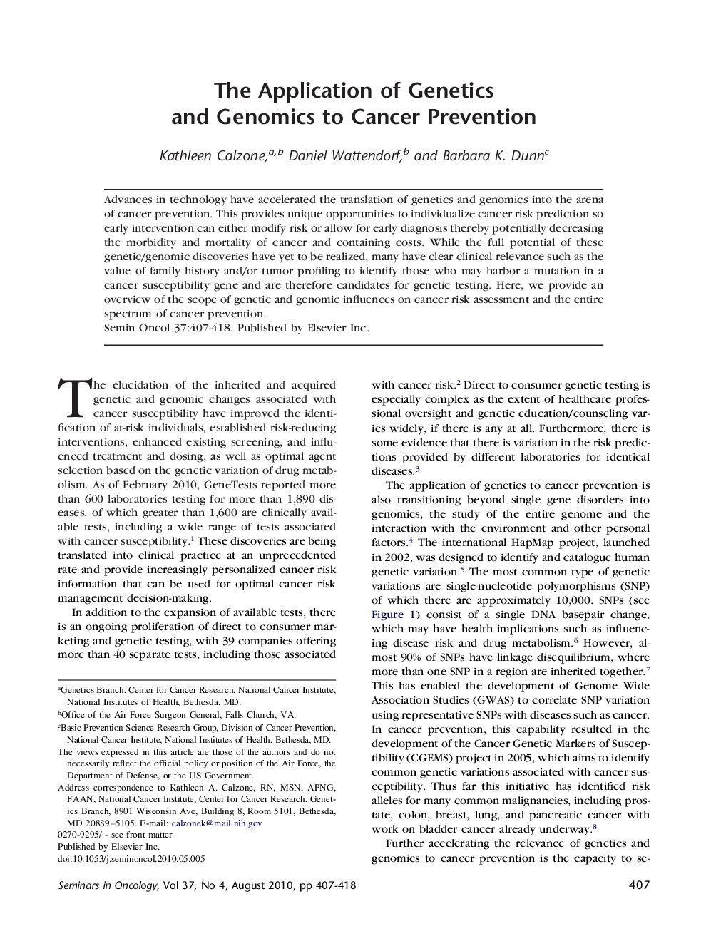The Application of Genetics and Genomics to Cancer Prevention