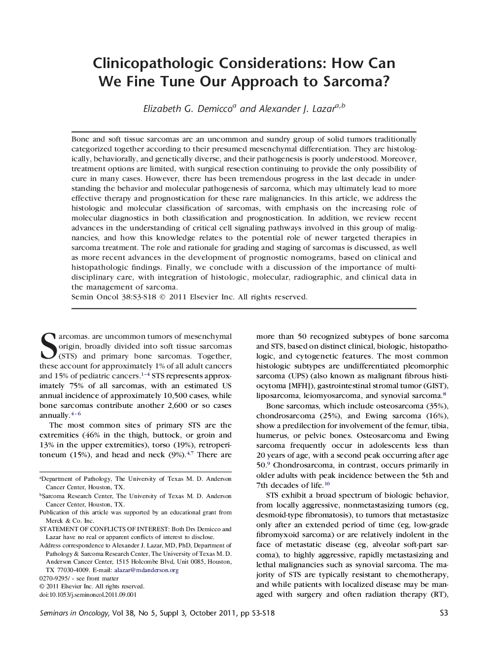 Clinicopathologic Considerations: How Can We Fine Tune Our Approach to Sarcoma?