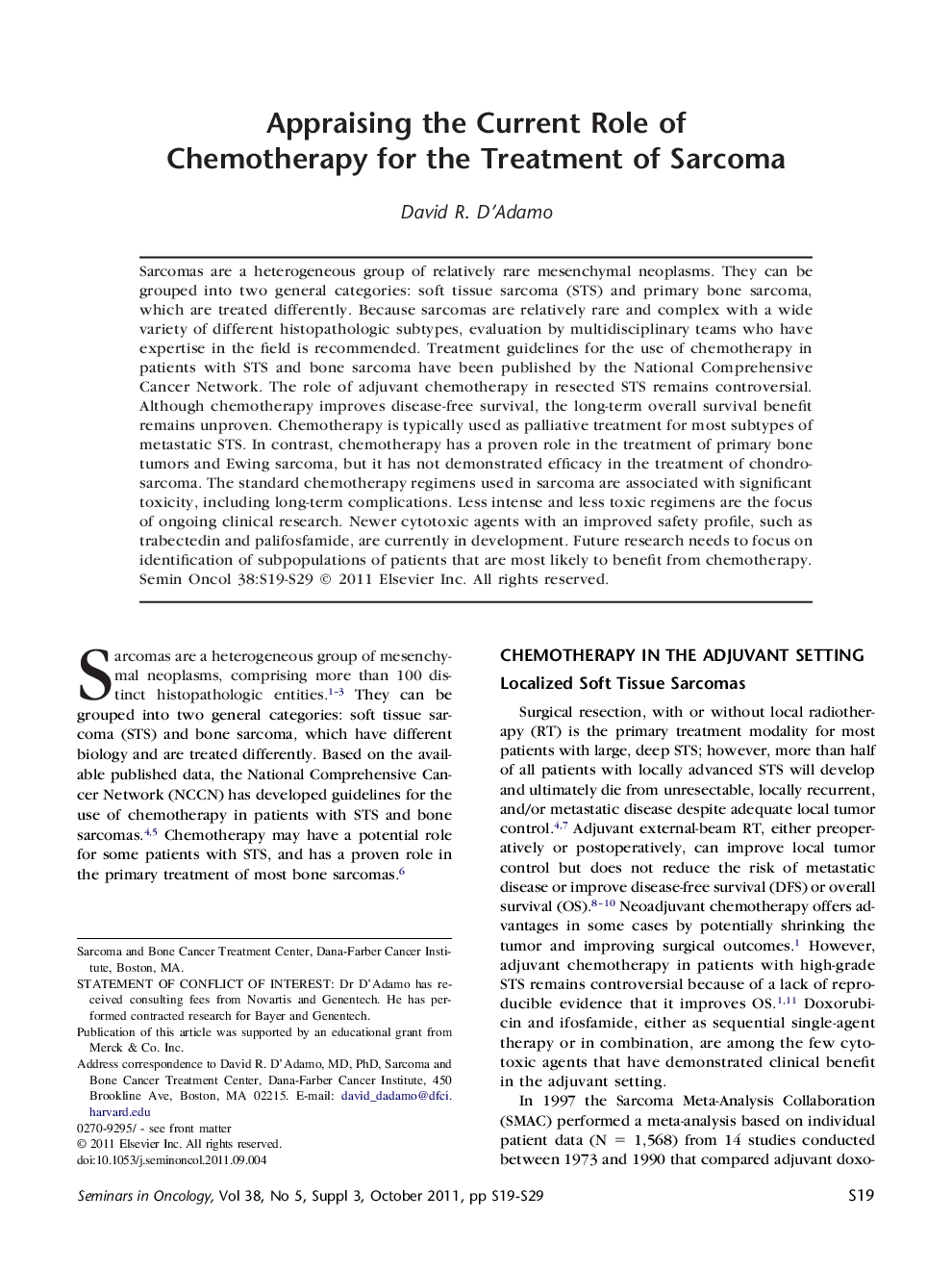 Appraising the Current Role of Chemotherapy for the Treatment of Sarcoma