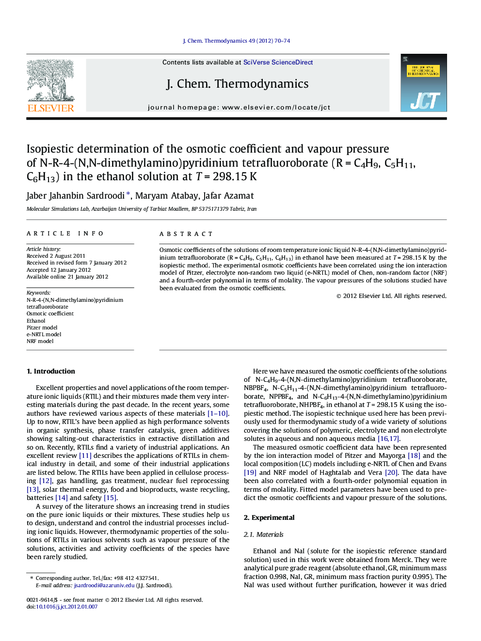 Isopiestic determination of the osmotic coefficient and vapour pressure of N-R-4-(N,N-dimethylamino)pyridinium tetrafluoroborate (R = C4H9, C5H11, C6H13) in the ethanol solution at T = 298.15 K