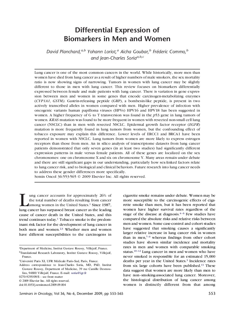Differential Expression of Biomarkers in Men and Women