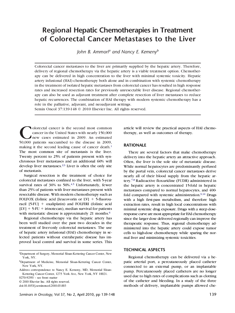Regional Hepatic Chemotherapies in Treatment of Colorectal Cancer Metastases to the Liver