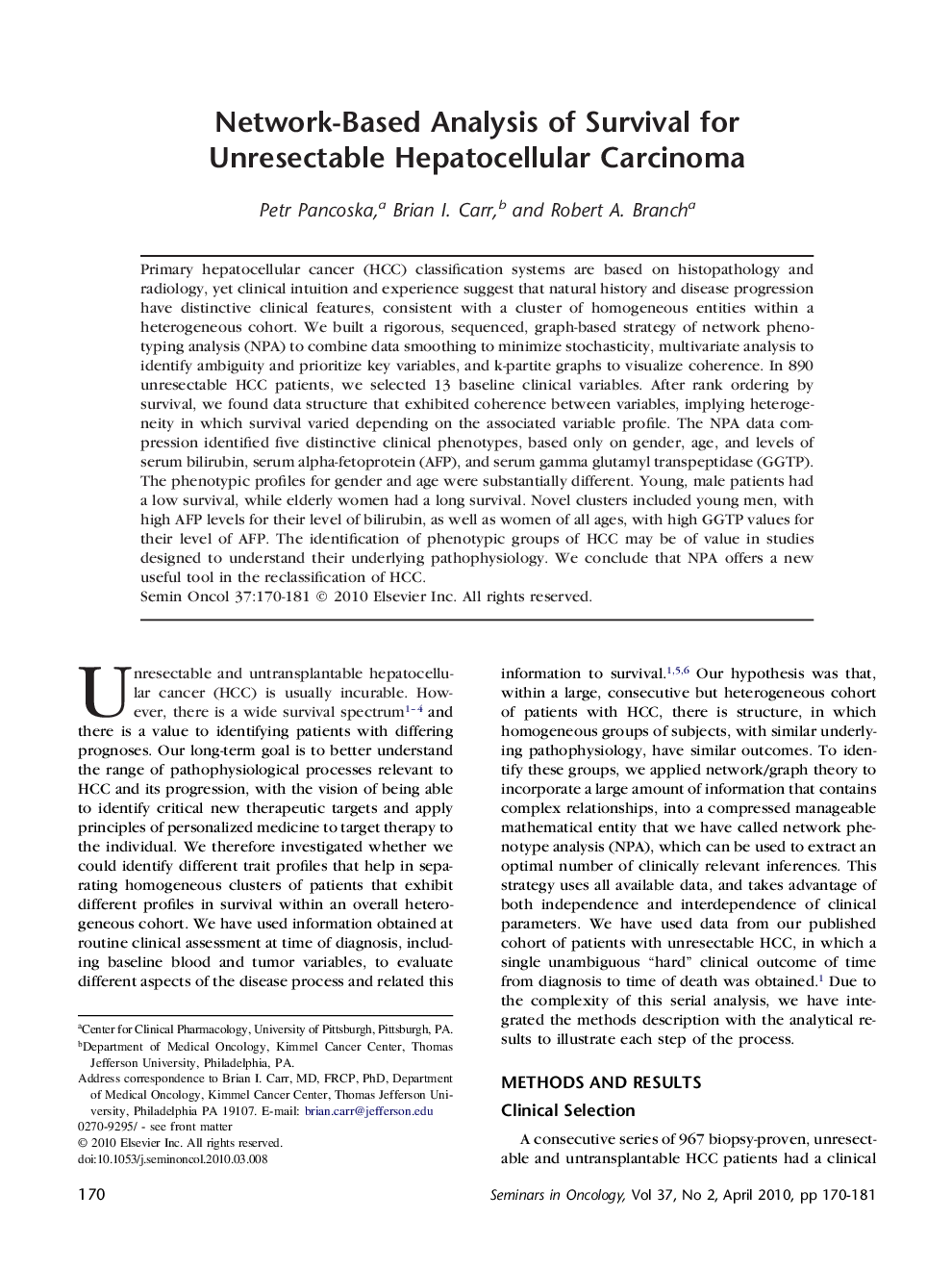 Network-Based Analysis of Survival for Unresectable Hepatocellular Carcinoma