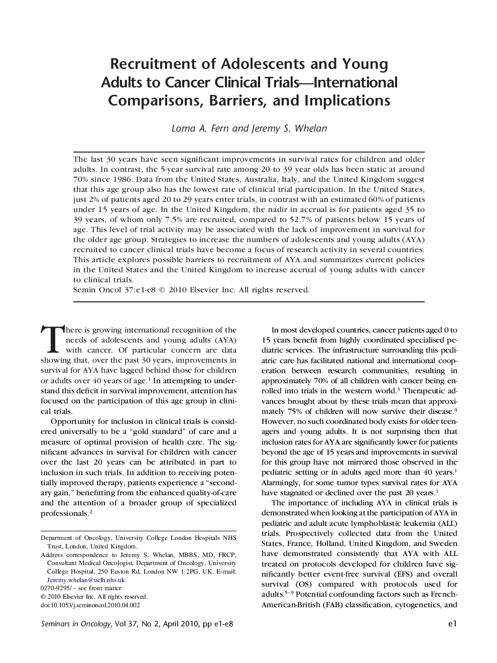 Recruitment of Adolescents and Young Adults to Cancer Clinical Trials—International Comparisons, Barriers, and Implications