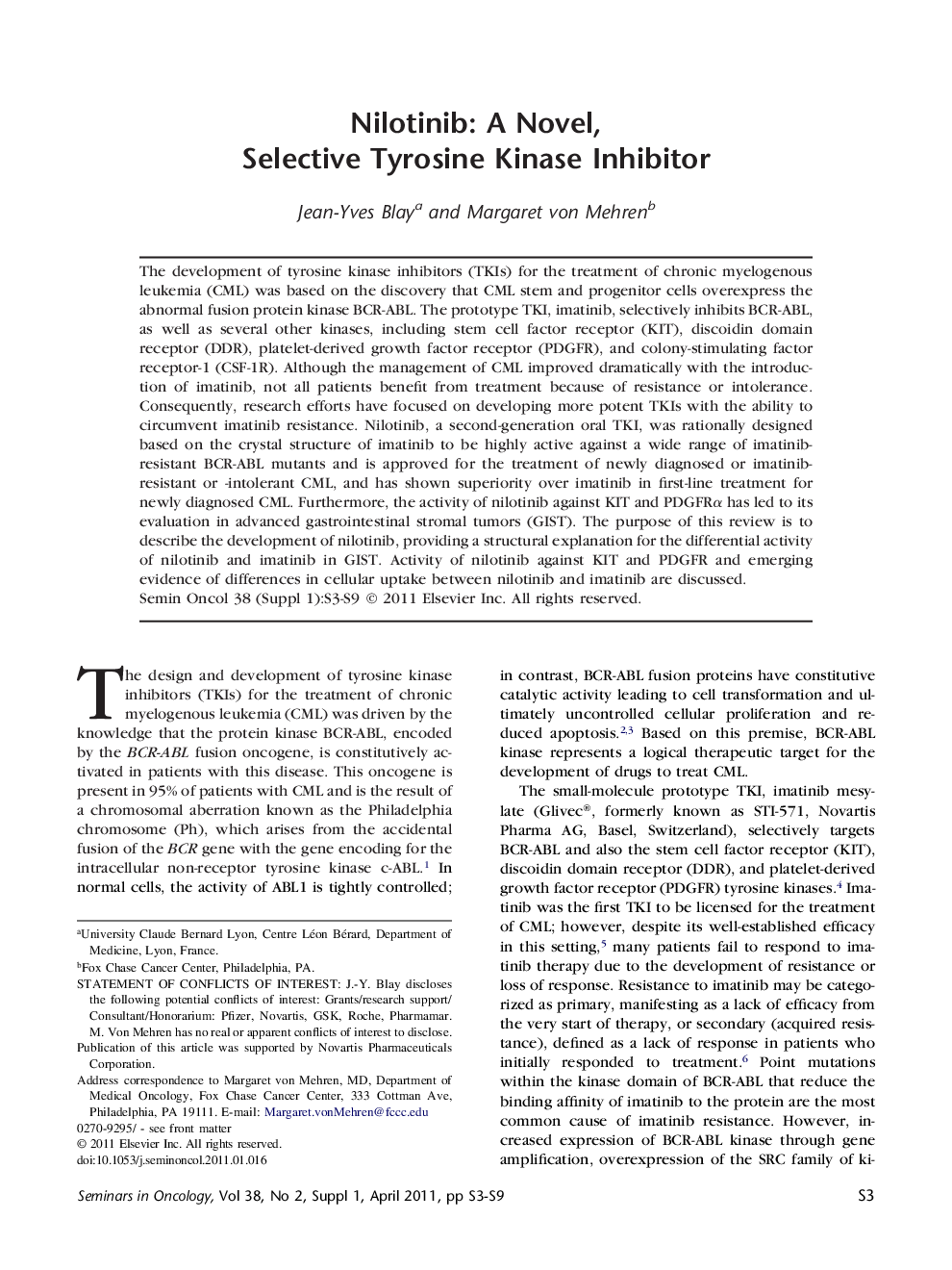 عکس صفحه اول مقاله: Nilotinib: A Novel, Selective Tyrosine Kinase Inhibitor Nilotinib: A Novel, Selective Tyrosine Kinase Inhibitor