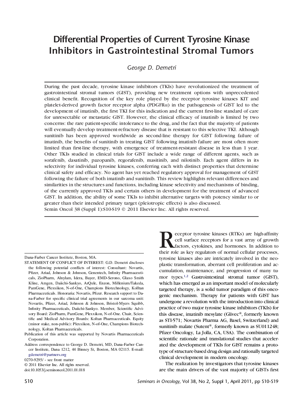 Differential Properties of Current Tyrosine Kinase Inhibitors in Gastrointestinal Stromal Tumors