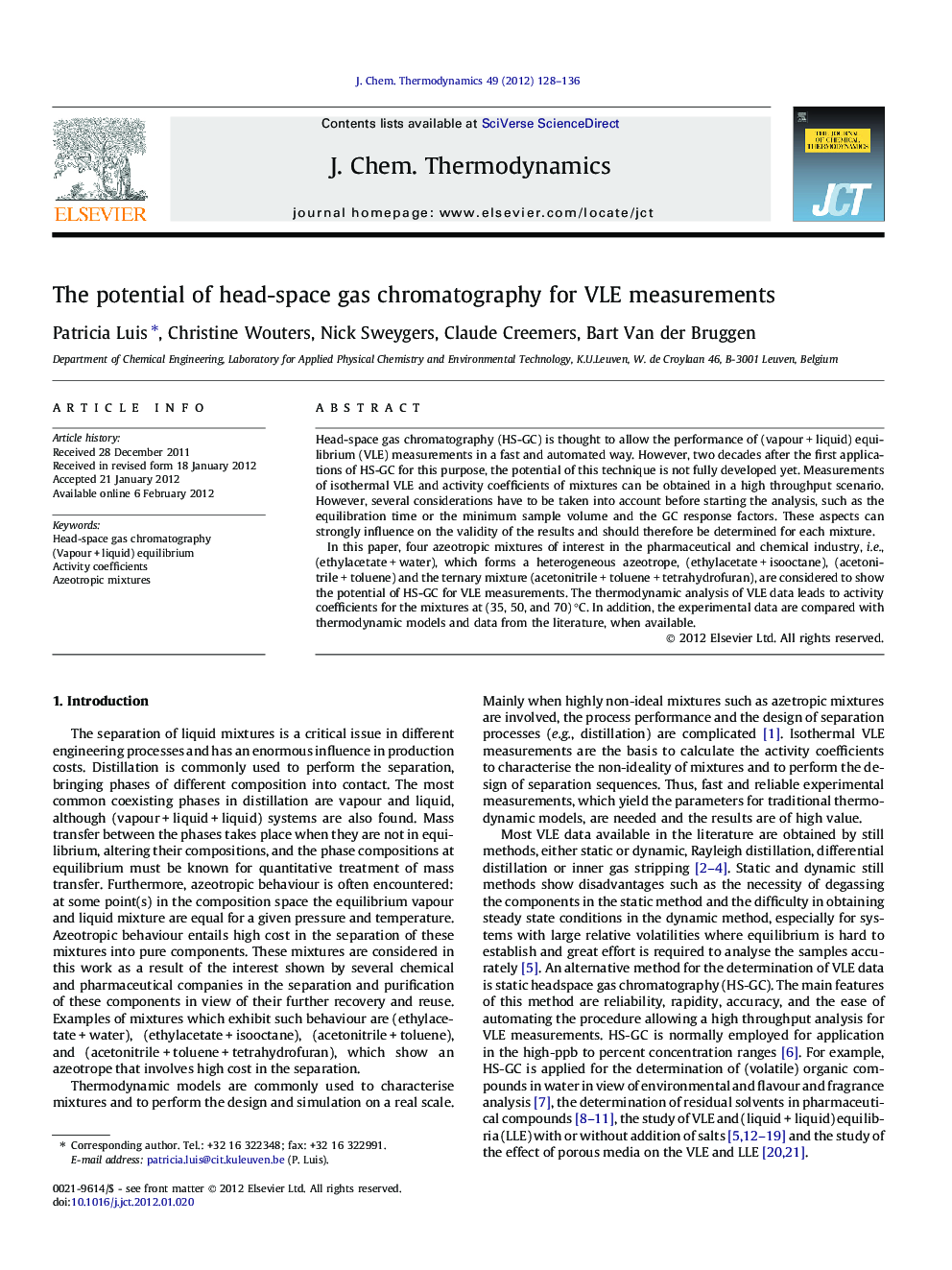 The potential of head-space gas chromatography for VLE measurements