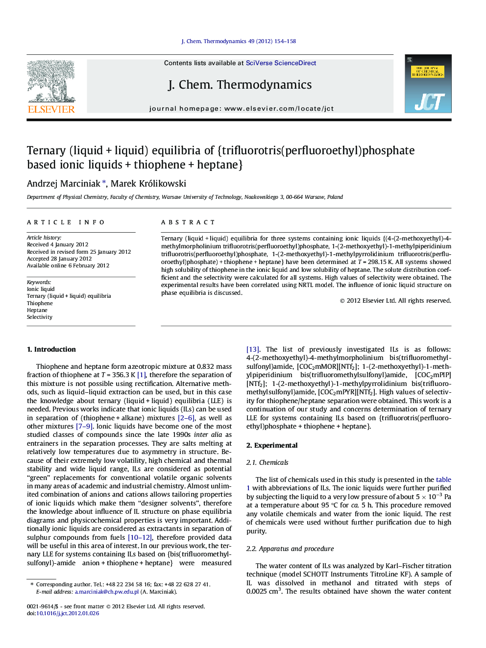 Ternary (liquid + liquid) equilibria of {trifluorotris(perfluoroethyl)phosphate based ionic liquids + thiophene + heptane}