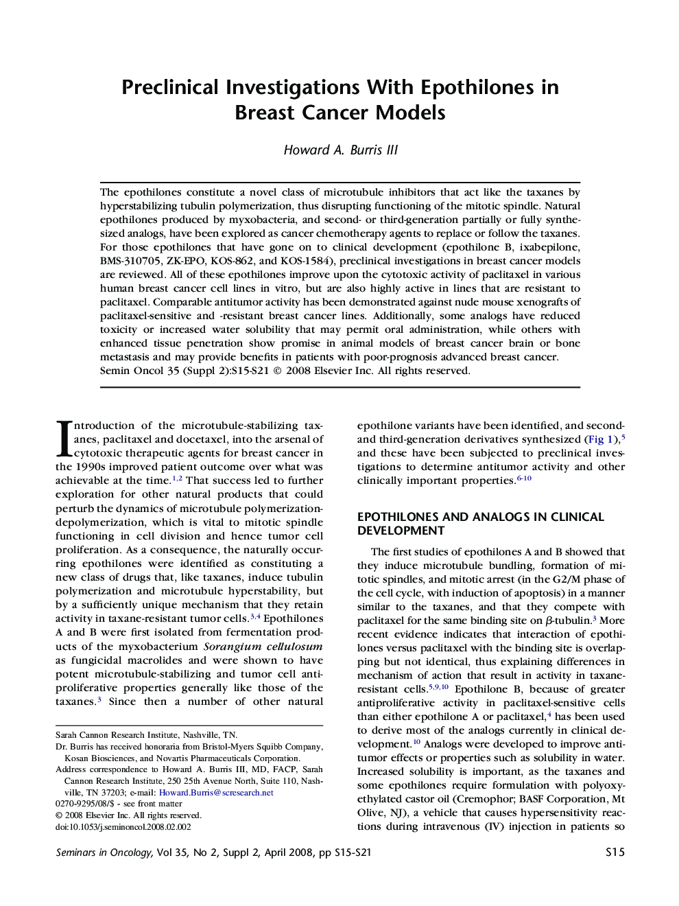 Preclinical Investigations With Epothilones in Breast Cancer Models