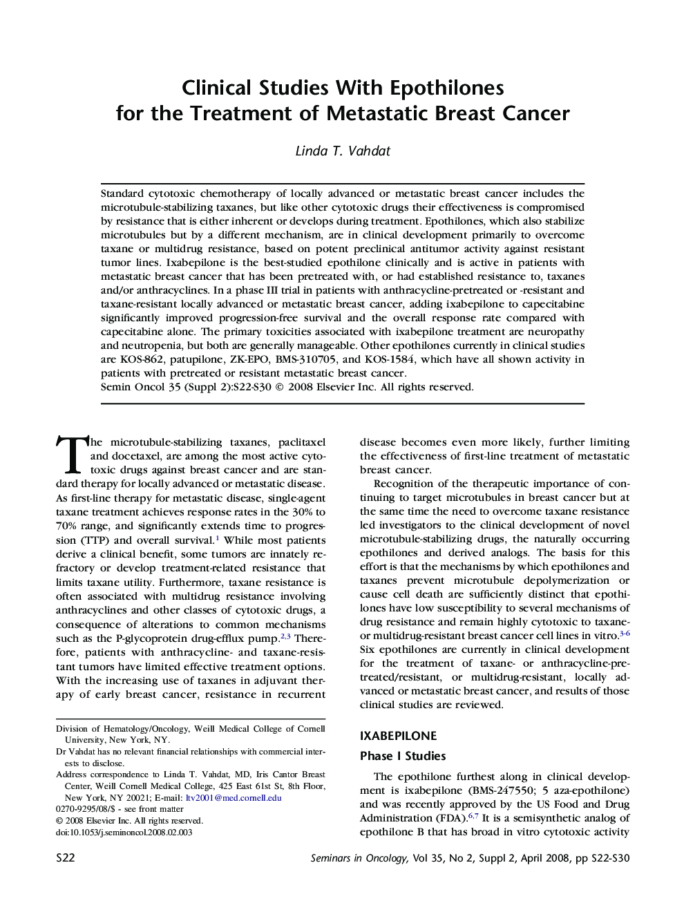 Clinical Studies With Epothilones for the Treatment of Metastatic Breast Cancer