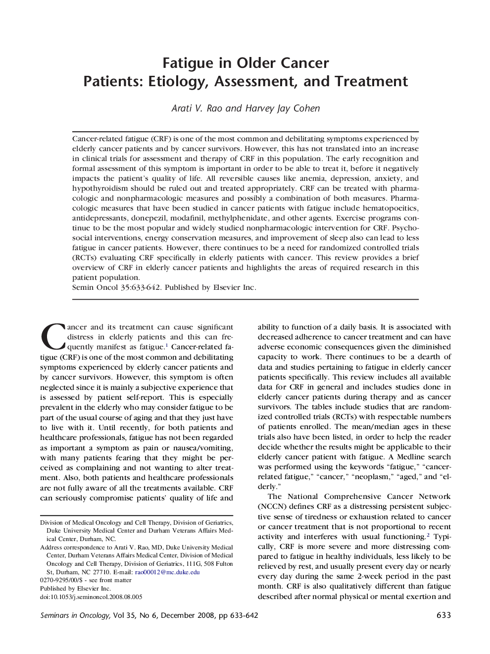 Fatigue in Older Cancer Patients: Etiology, Assessment, and Treatment