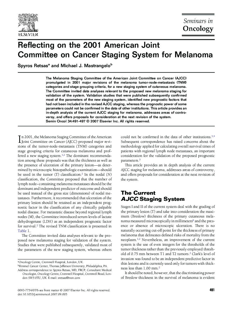 Reflecting on the 2001 American Joint Committee on Cancer Staging System for Melanoma