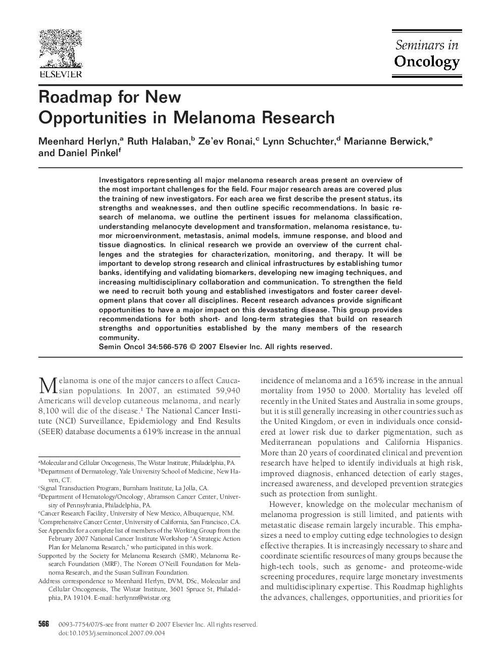 Roadmap for New Opportunities in Melanoma Research