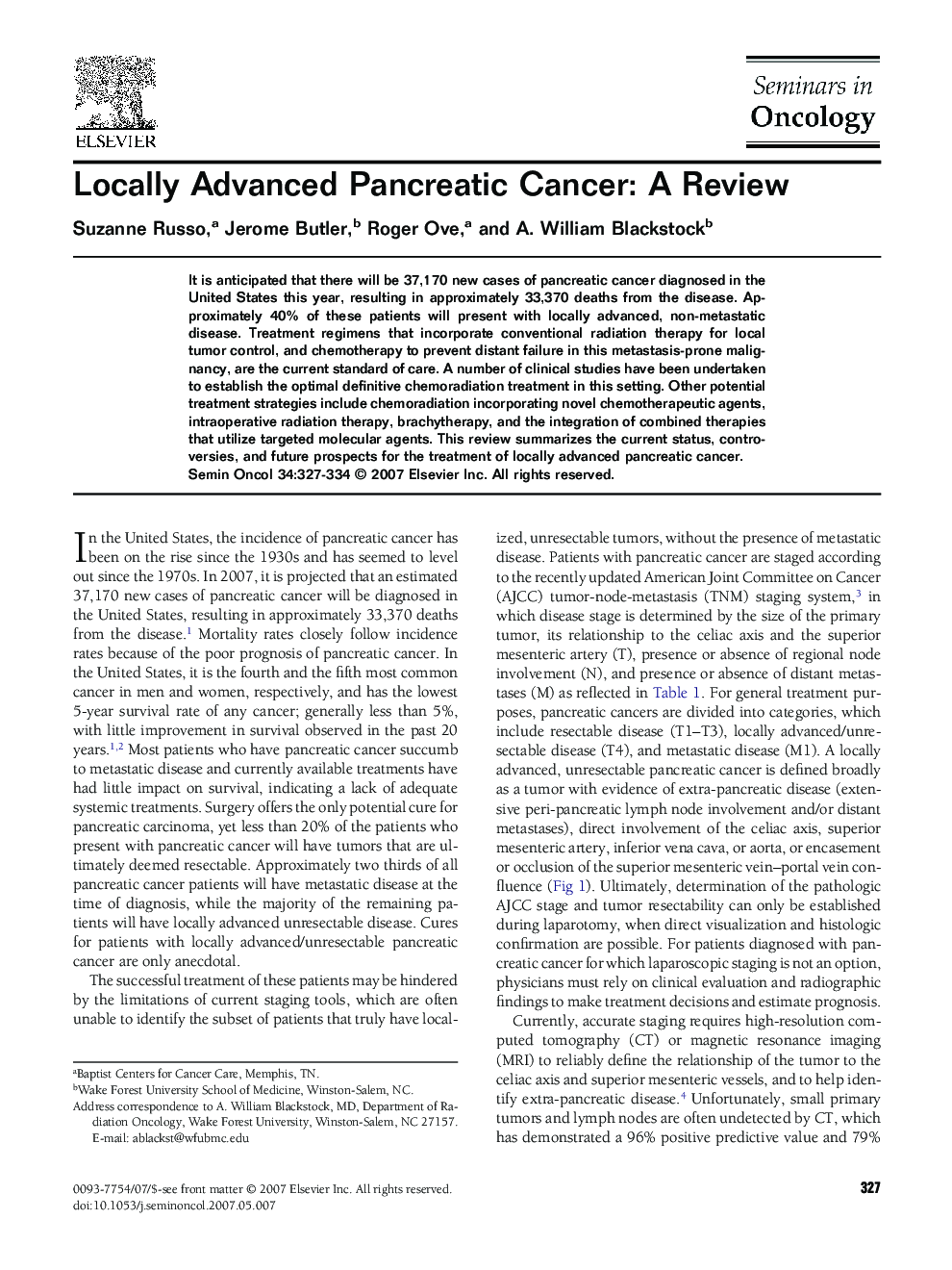 Locally Advanced Pancreatic Cancer: A Review